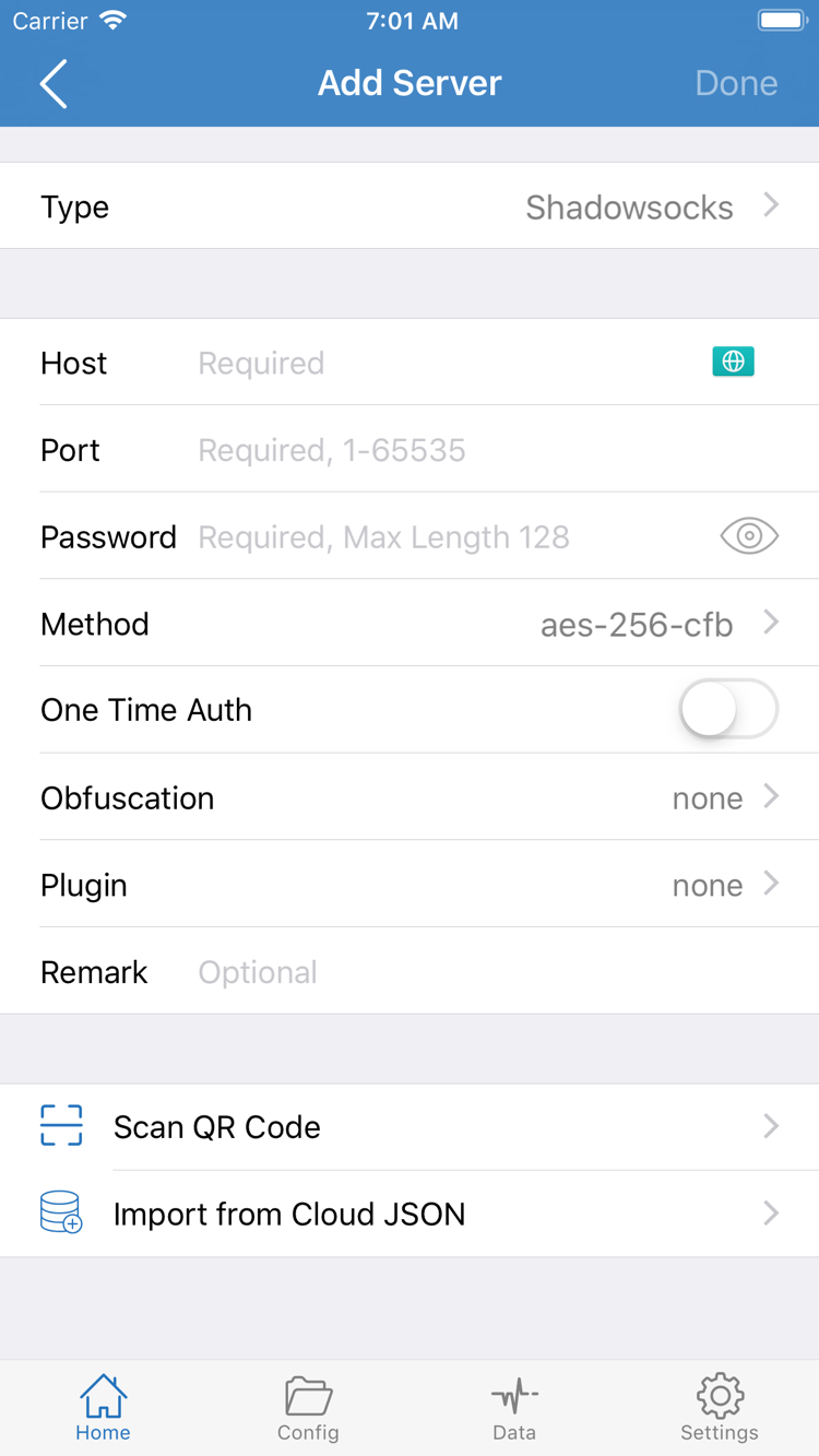 Shadowrocket Add Server screen showing Type, Host, Port, Password, Method, and import options