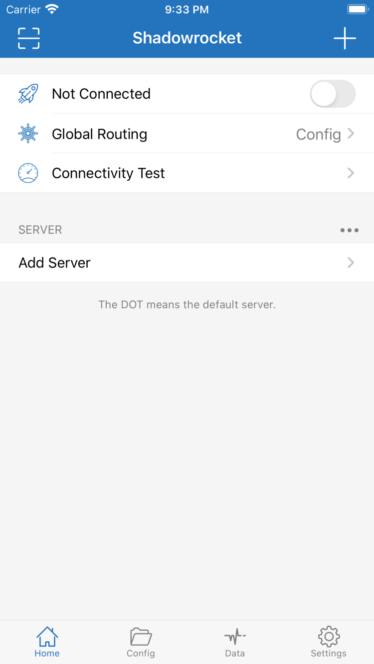 Shadowrocket Home screen showing the Not Connected switch, Global Routing, Connectivity Test, SERVER, and Add Server