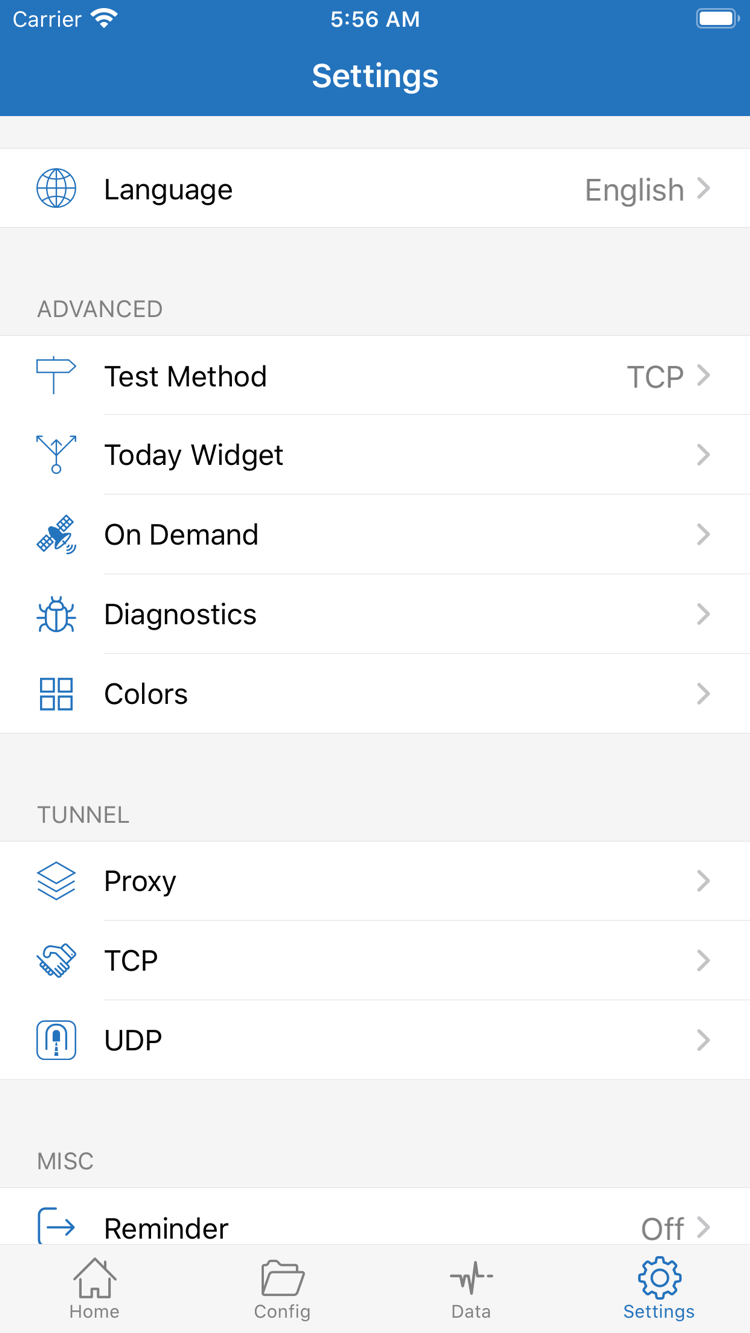 Shadowrocket Settings screen showing Test Method, On Demand, Diagnostics, Proxy, TCP, and UDP options